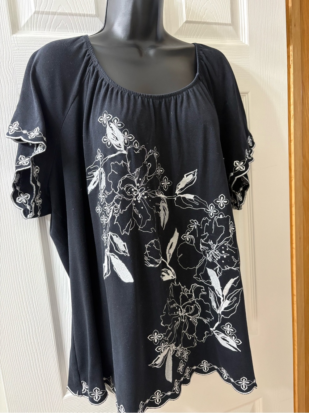 Black Scoop Neck Tunic with White Floral Embroidery
